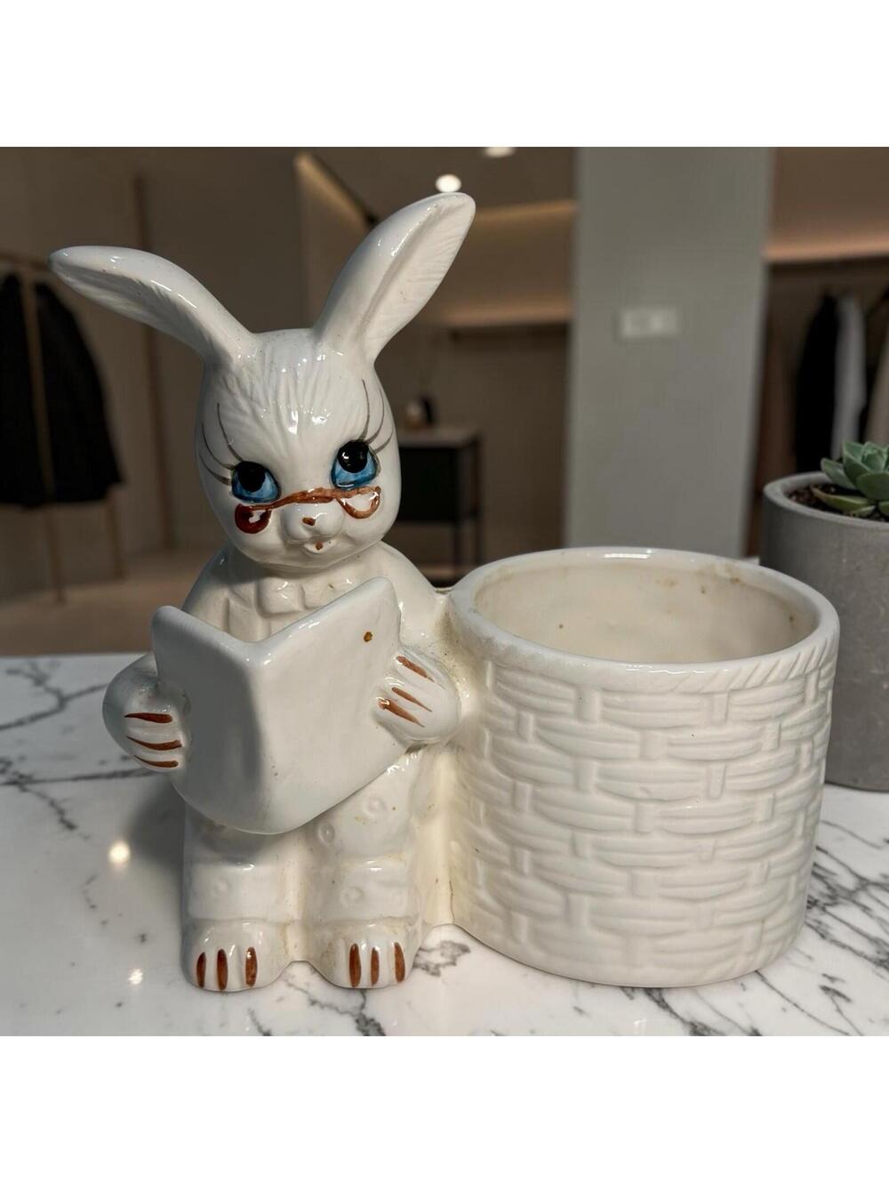 Vintage RELPO White Ceramic Easter Bunny Glasses Reading Planter Egg holder MCM